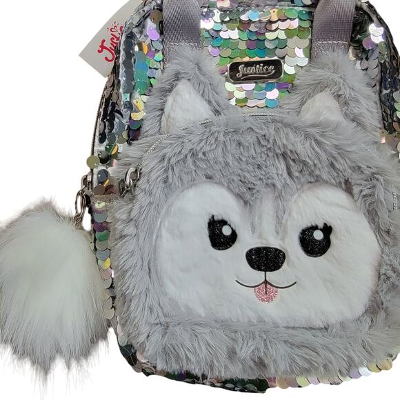 Justice Husky Mini Backpack Silver Sequin Plush Pom Pom Double Handle Gift Dog - Picture 2 of 9